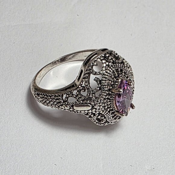 Antique Style Purple Stone Ring Silver Tone | EU 19 (US 9) - Picture 4 of 6